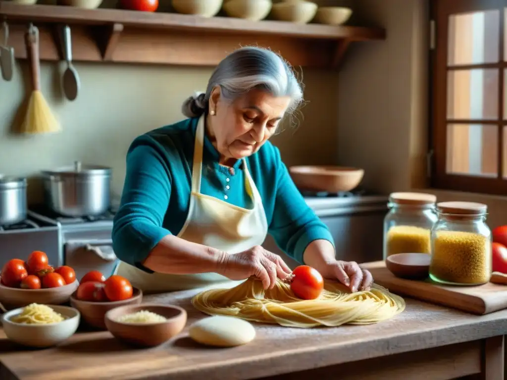 Nonna italiana amasando pasta fresca en cocina rústica con utensilios vintage