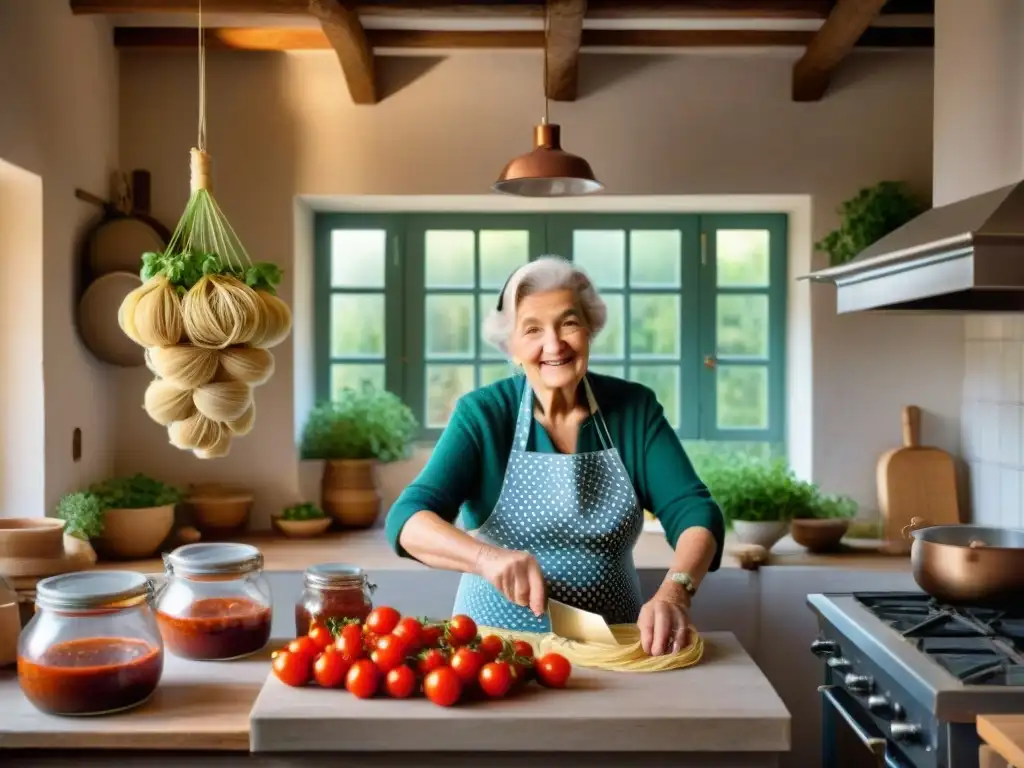 Nonna italiana creando pasta artesanal en cocina rústica del sur de Italia Nonna italiana moldeando pasta fresca en cocina rústica del sur de Italia con recetas de cocina tradicional