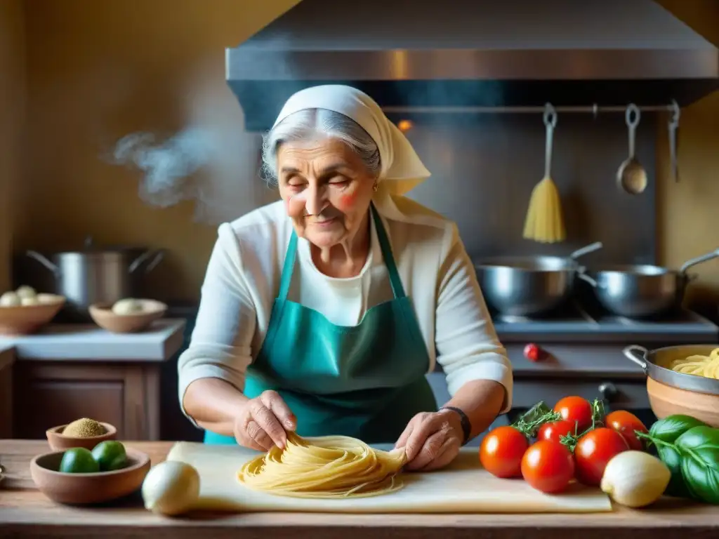 Una nonna italiana preparando pasta a mano rodeada de ingredientes frescos