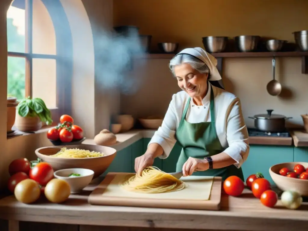 Una nonna italiana preparando pasta a mano en una cocina rústica con ingredientes frescos, iluminada por la luz solar