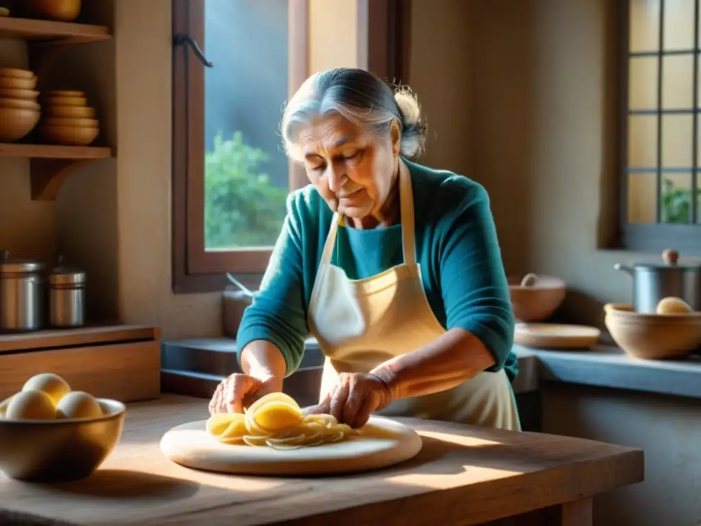 Nonna italiana amasando pasta a mano en cocina rústica, preservando herencia cocina italiana