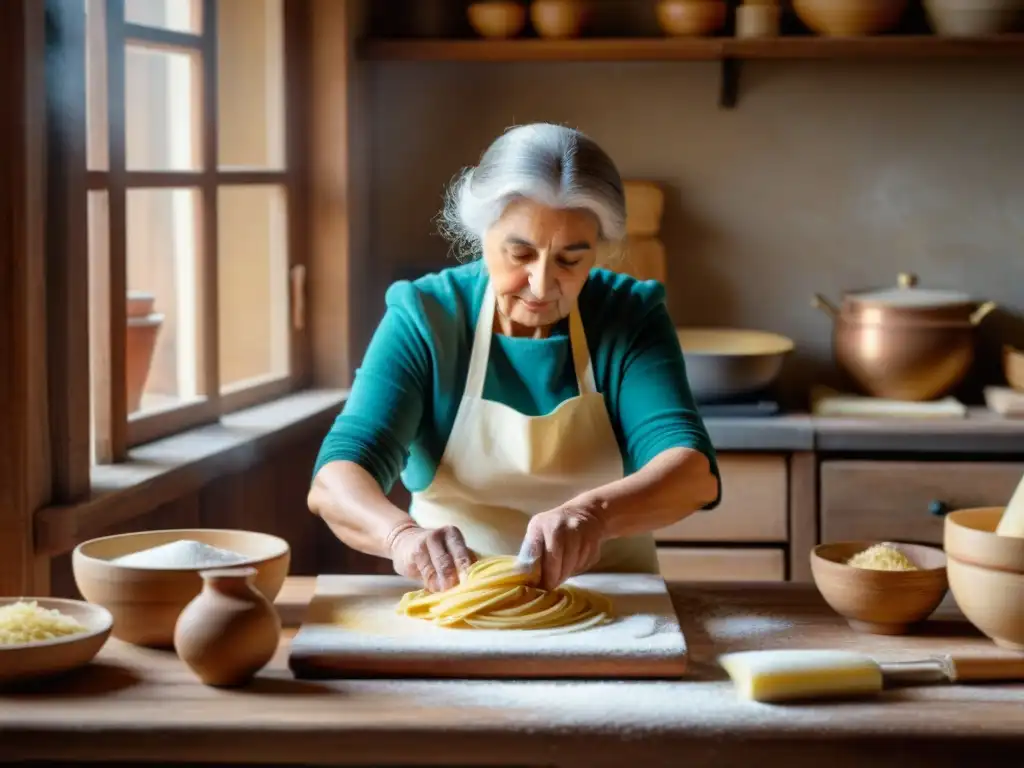 Nonna italiana moldeando pasta a mano en cocina rústica