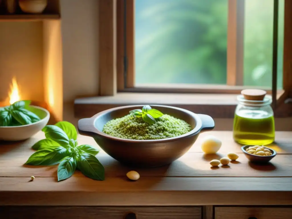 Nonna italiana preparando un pesto genovés auténtico en cocina ligur, con ingredientes frescos