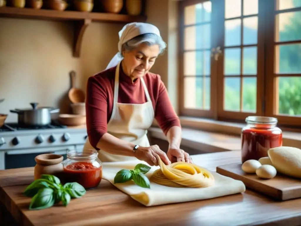 Nonna italiana preparando platos icónicos en cocina rústica con masa fresca y salsa de tomate casera