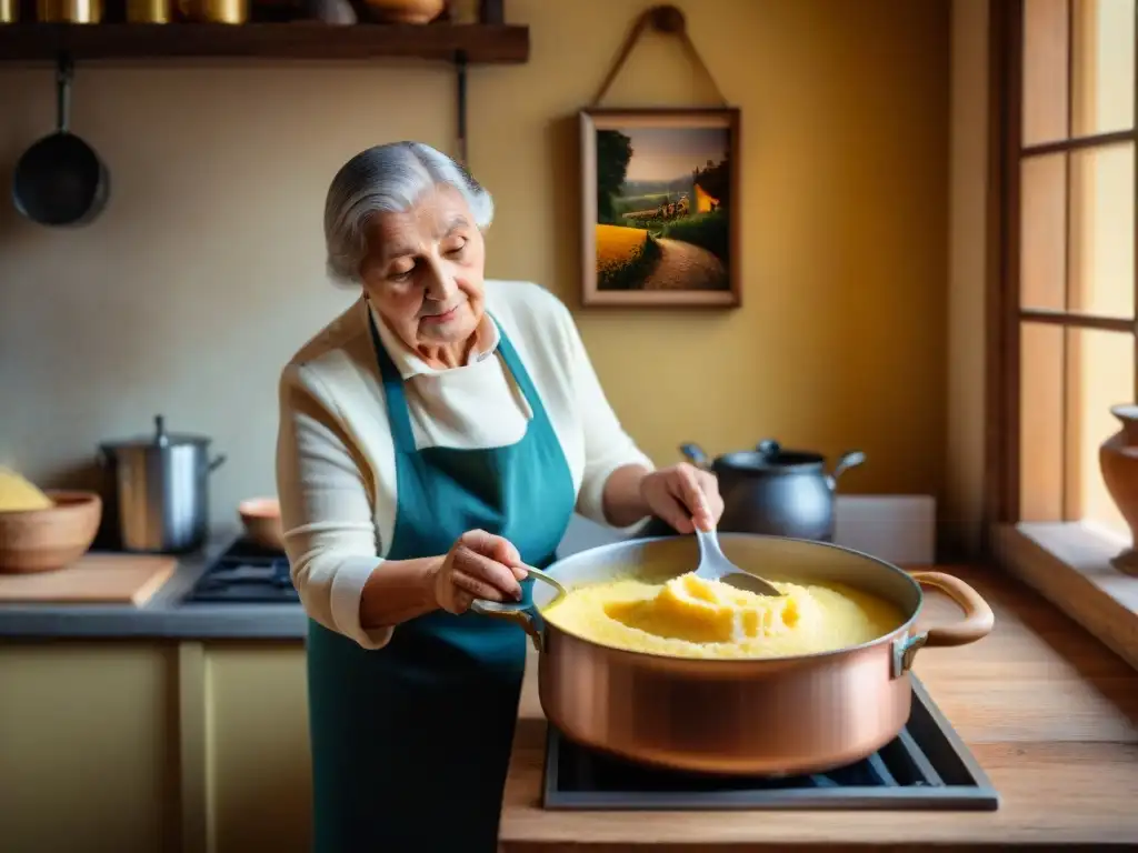 Una nonna italiana preparando polenta en su acogedora cocina