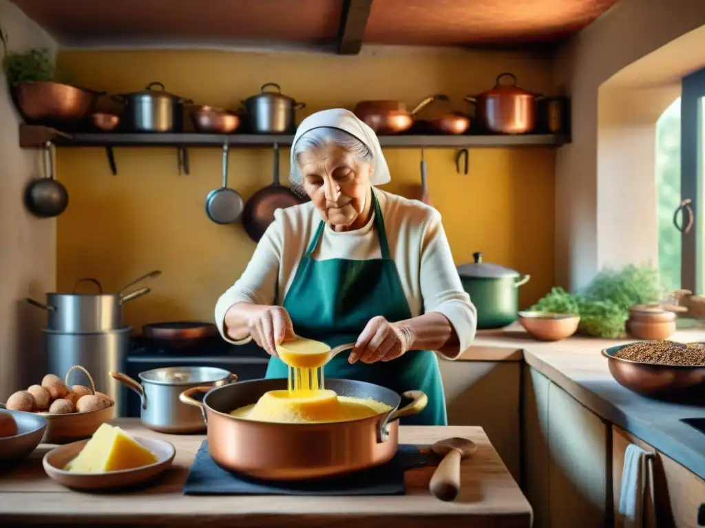 Una nonna italiana remueve polenta en cocina tradicional, transmitiendo historia y dedicación culinaria