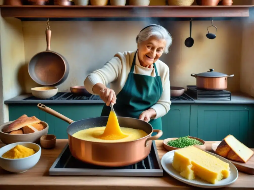 Una nonna italiana remueve polenta en cocina acogedora con recetas tradicionales de polenta italiana