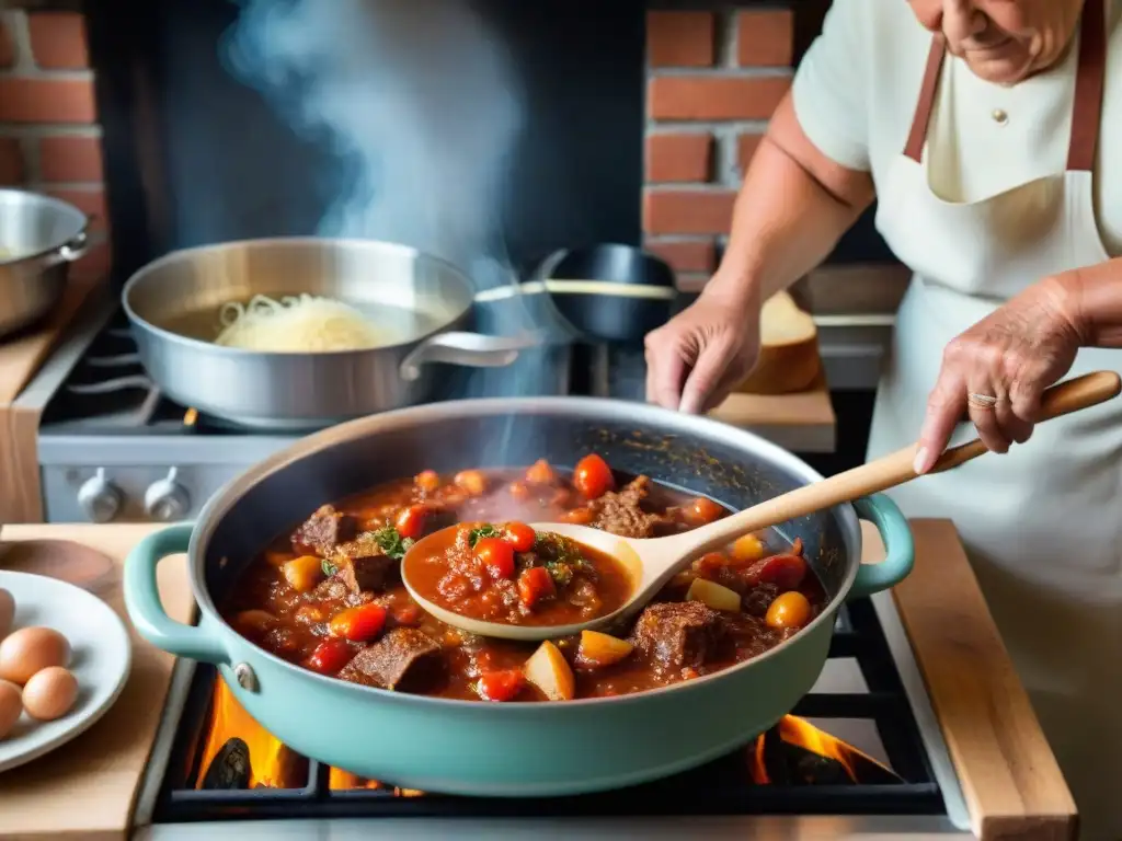 Una nonna italiana removiendo un ragú en una olla sobre fuego de leña