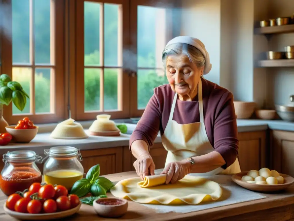 Una nonna italiana preparando ravioli caseros en una cocina acogedora con ingredientes frescos y tradicionales