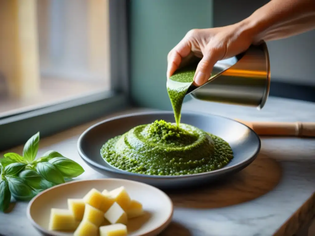 Una nonna italiana en Liguria prepara una receta auténtica de pesto genovese en una cocina rústica con ingredientes frescos y coloridos