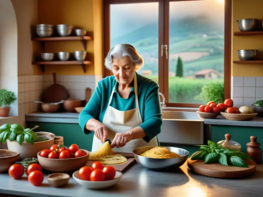 Una nonna italiana preparando una receta tradicional en una cocina acogedora con ingredientes frescos, capturando la historia culinaria italiana