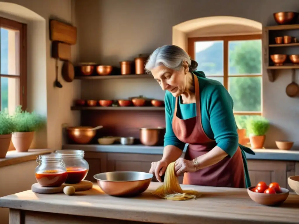 Nonna italiana preparando recetas antiguas en una cocina tradicional