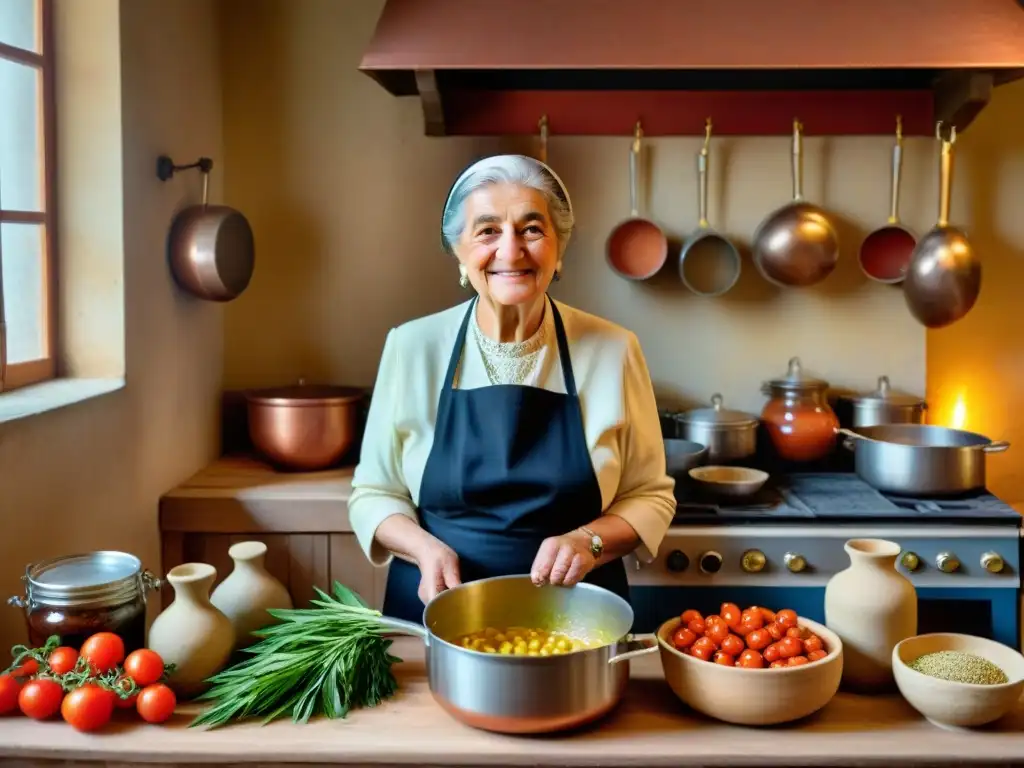 Nonna italiana preparando recetas fermentadas, historia culinaria en una cocina rústica iluminada