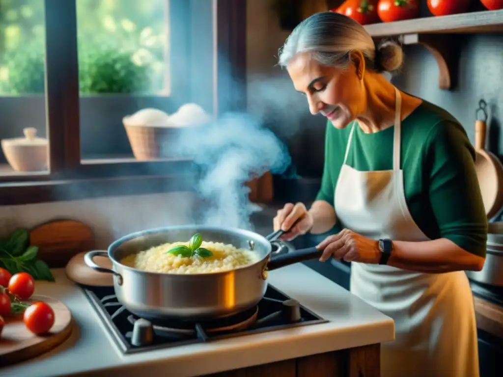 Una nonna italiana removiendo risotto en una cocina rústica con ingredientes frescos