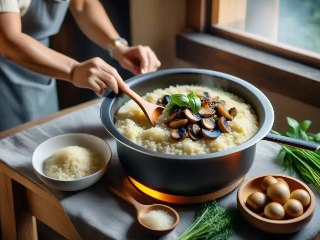 Una nonna italiana removiendo risotto cremoso con ingredientes frescos