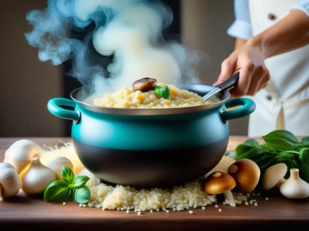 Una nonna italiana removiendo risotto en una olla, rodeada de ingredientes frescos