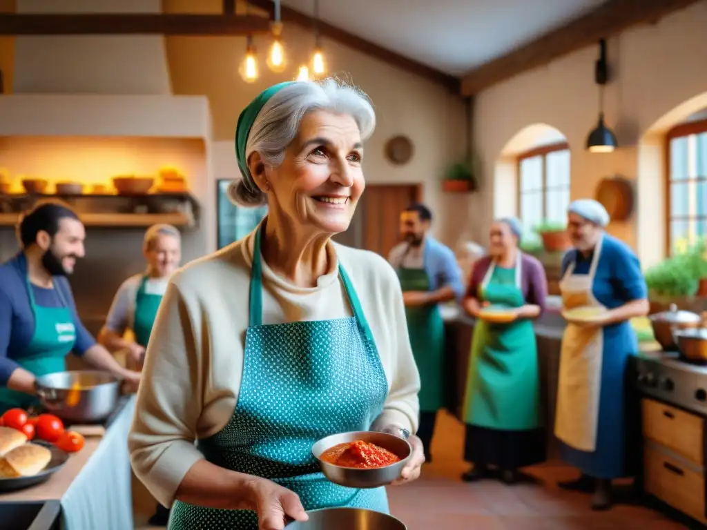 Una nonna italiana comparte sabiduría culinaria en una cocina comunitaria en Italia