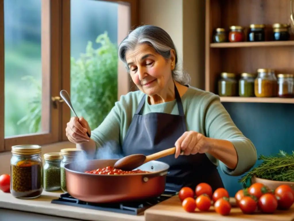 Una nonna italiana removiendo salsa puttanesca en acogedora cocina