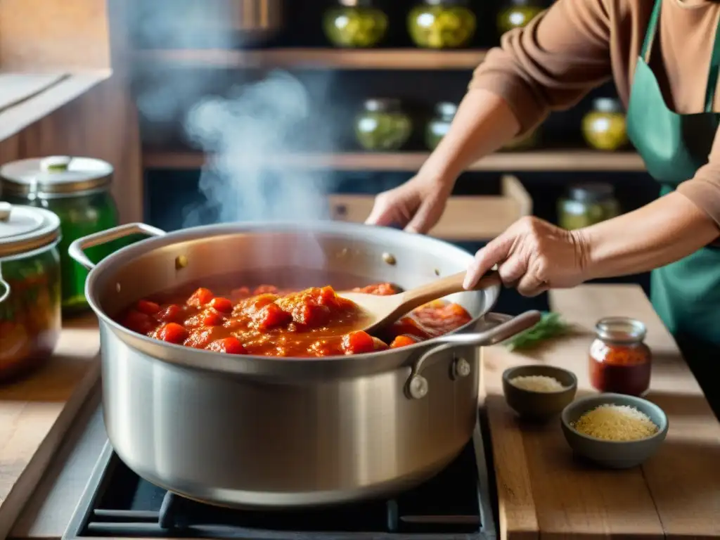 Una nonna italiana remueve salsa de tomate en fermentación en una cocina rústica, capturando la esencia de la fermentación en la cocina italiana