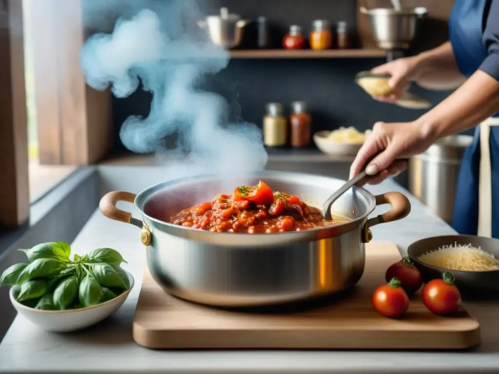 Una nonna italiana preparando salsa de tomate tradicional en su cocina acogedora