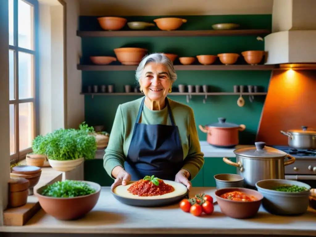 Una nonna italiana sonriente en cocina tradicional rodeada de estantes con Libros esenciales cocina italiana