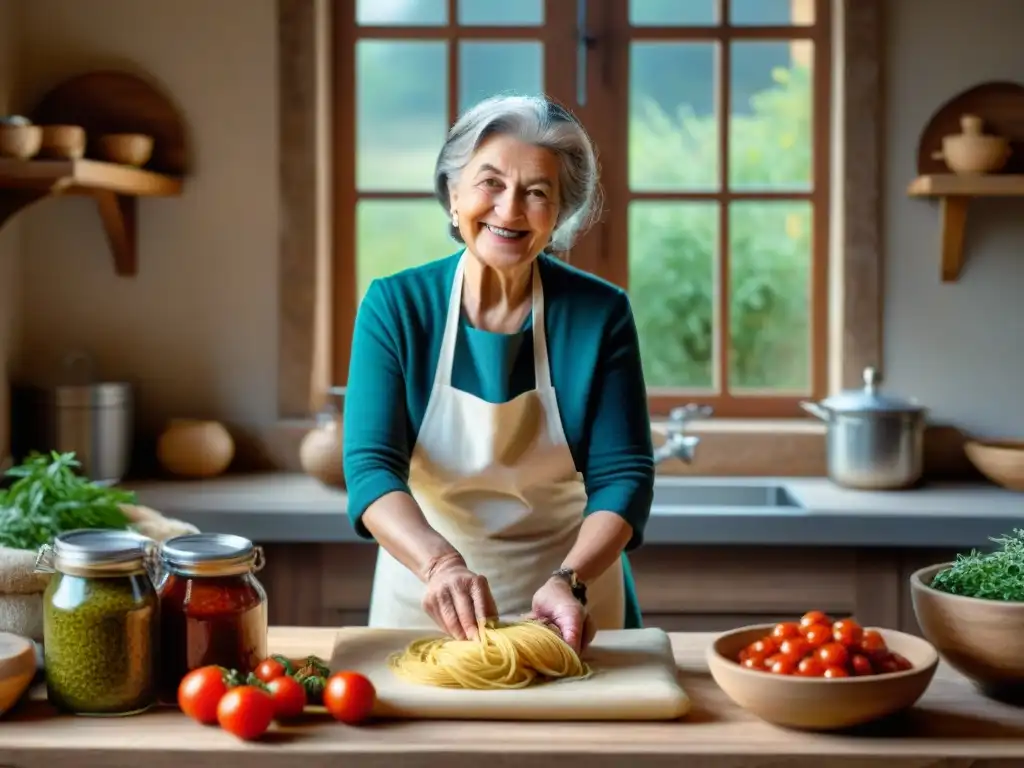 Una nonna italiana sonriente preparando pasta casera en una cocina rústica, reflejando la conservación de cocina italiana tradicional