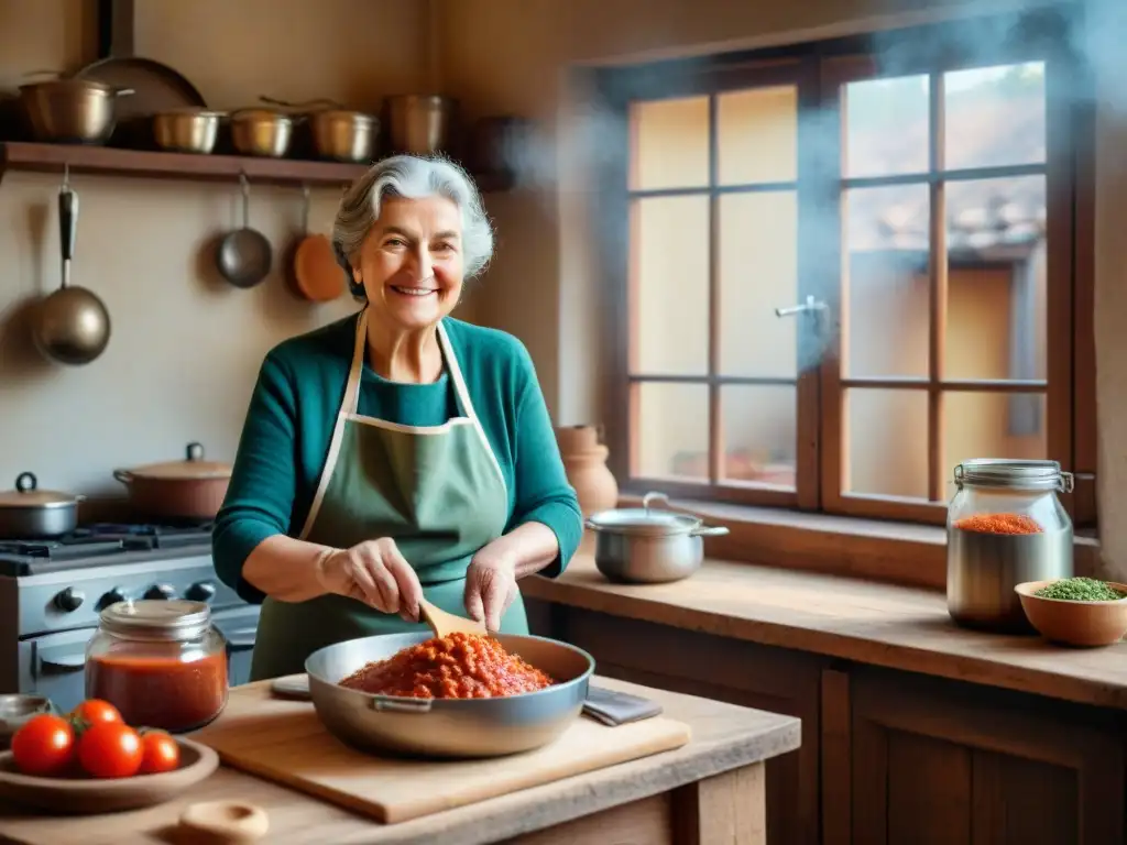 Una nonna italiana sonriente preparando ragú casero en una cocina acogedora