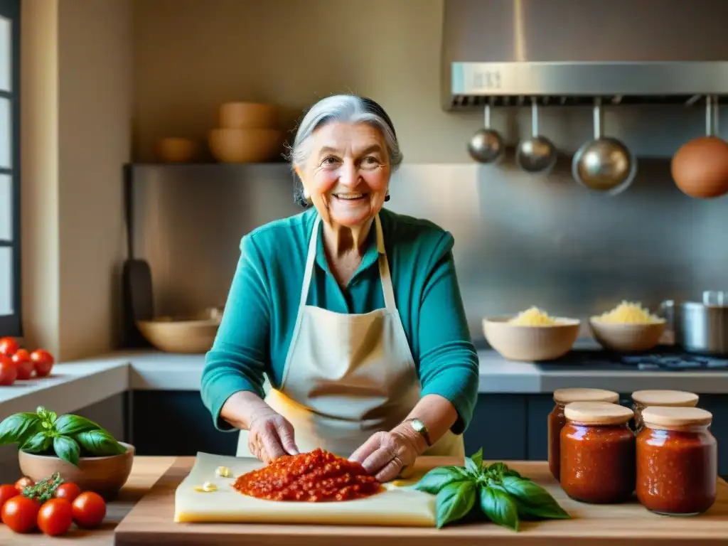 Una nonna italiana sonriente preparando ravioli caseros en una cocina acogedora con ingredientes tradicionales