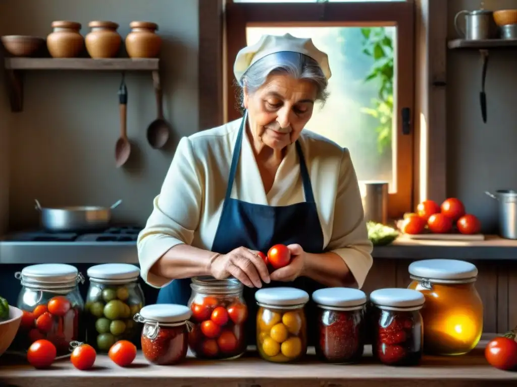 Nonna italiana preservando tomates en frascos, en una cocina tradicional, capturando la esencia de la conservación de cocina italiana tradicional