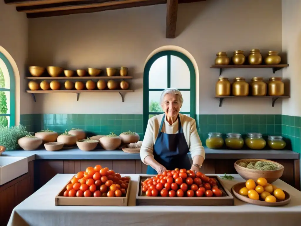 Una nonna italiana preserva tomates al sol, evocando sabiduría culinaria