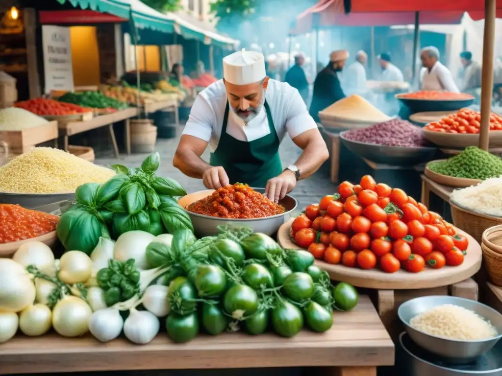 Una nonna italiana preparando una tradicional salsa boloñesa rodeada de ingredientes frescos en un concurrido mercado