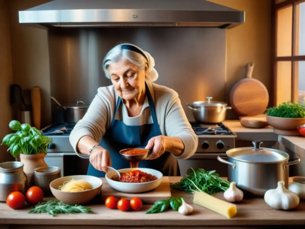 Una nonna italiana tradicional removiendo una salsa de tomate casera en una cocina rústica con hierbas frescas y ajos