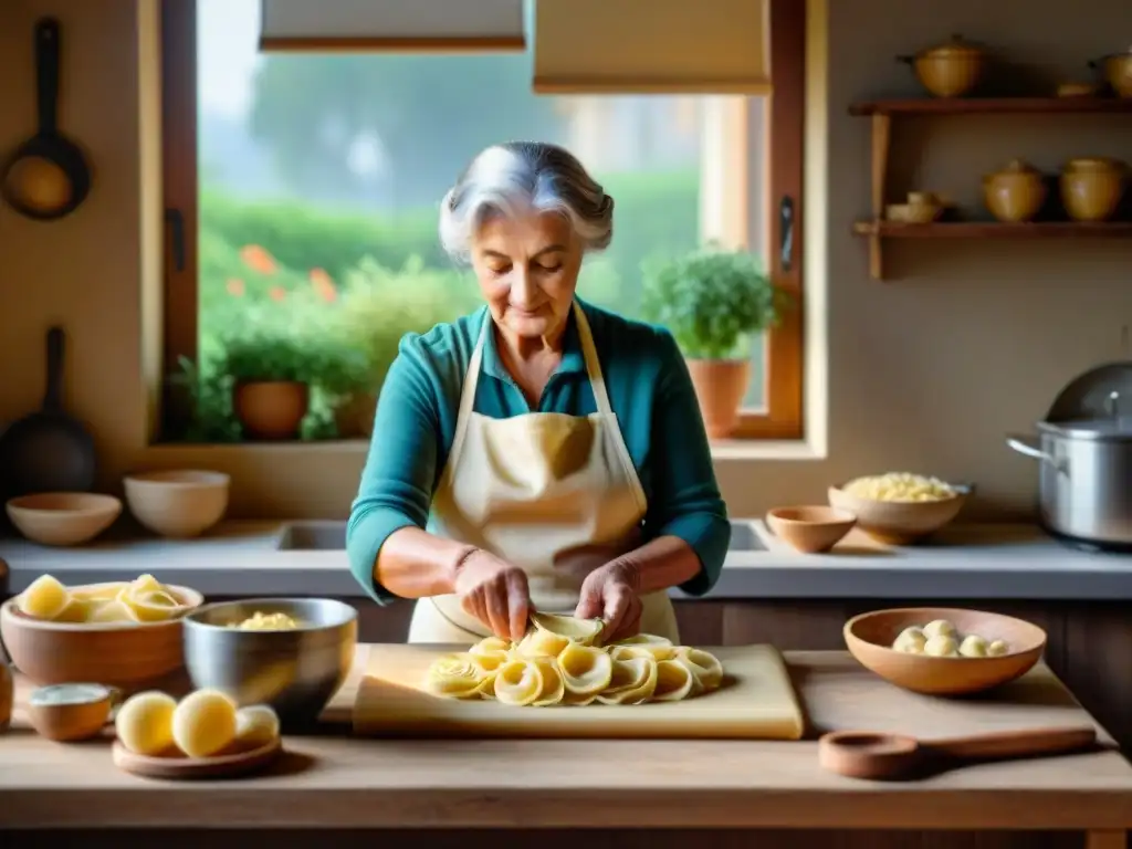 Una nonna italiana tradicional creando tortellini en una cocina rústica, con luz natural