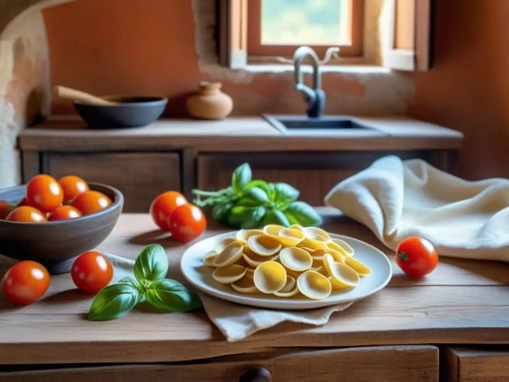 Una nonna moldeando orecchiette a mano en una cocina pugliese, rodeada de ingredientes frescos