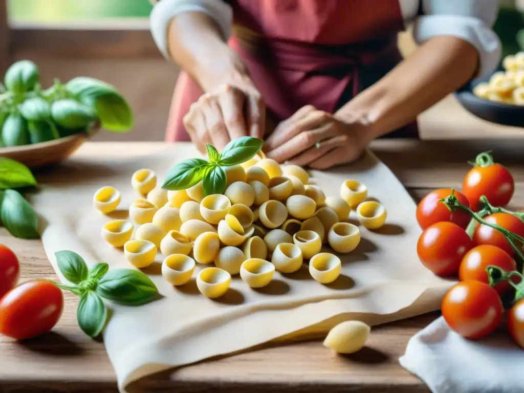 Una nonna pugliese prepara orecchiette a mano con ingredientes frescos, capturando los sabores tradicionales de la cocina italiana en Puglia