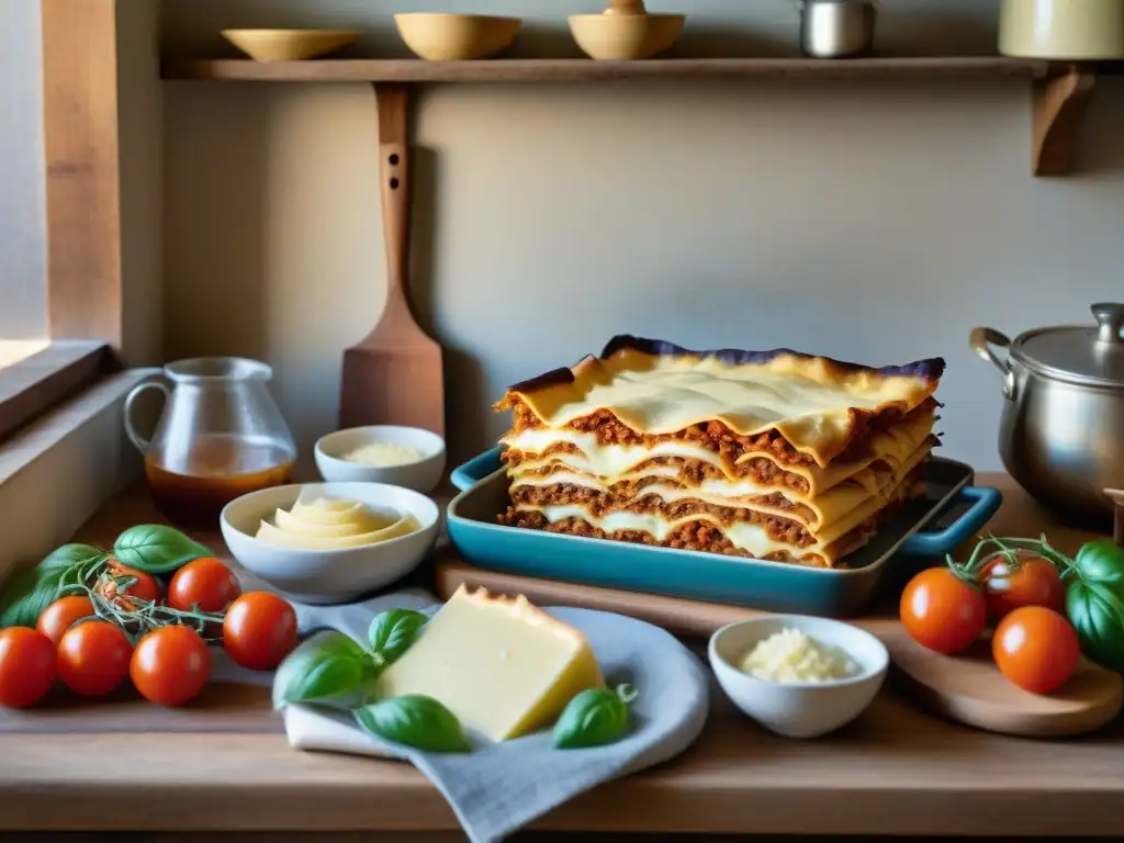 Una nonna preparando una receta auténtica de lasaña italiana en una cocina tradicional de EmiliaRomagna