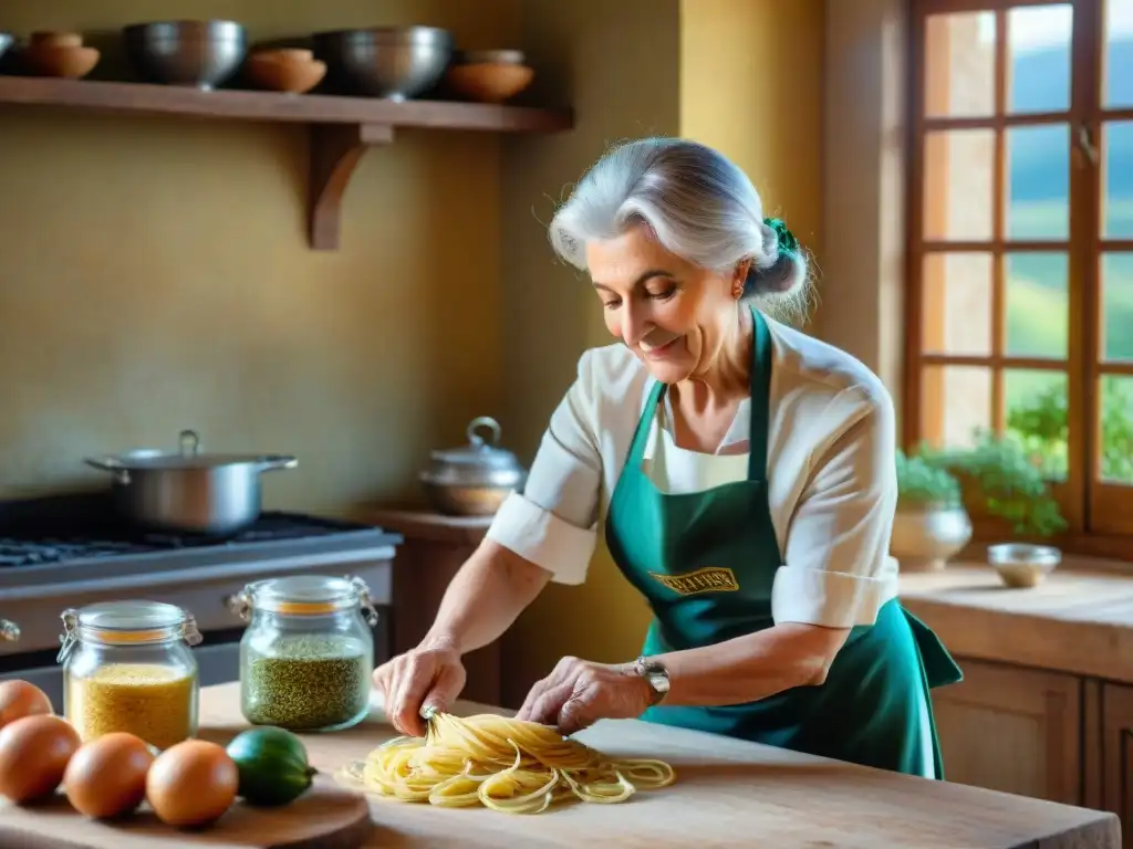 Una nonna sabia amasando pasta fresca en una cocina rústica en una villa italiana