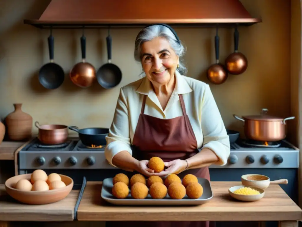 Una nonna siciliana elaborando arancini en una cocina rústica, reflejando la influencia gastronomía siciliana en tendencias