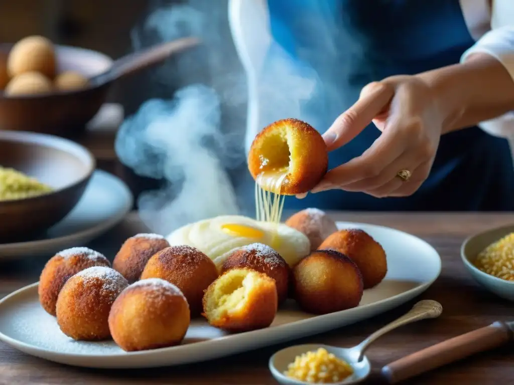 Nonna siciliana preparando arancini con rellenos variados, en cocina tradicional