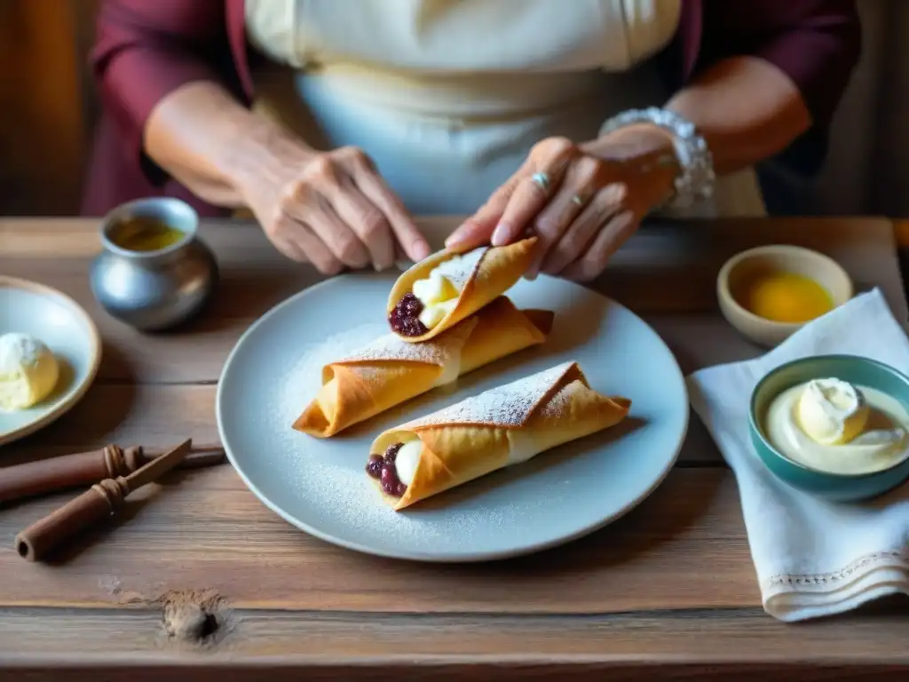 Una nonna siciliana experta en historia familiar cannoli sicilianos, rellena con cariño los crujientes con crema de ricotta