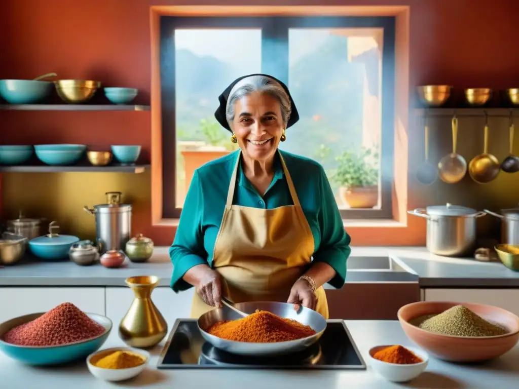 Una nonna siciliana disfruta cocinando con influencia africana en su cocina, fusionando sabores