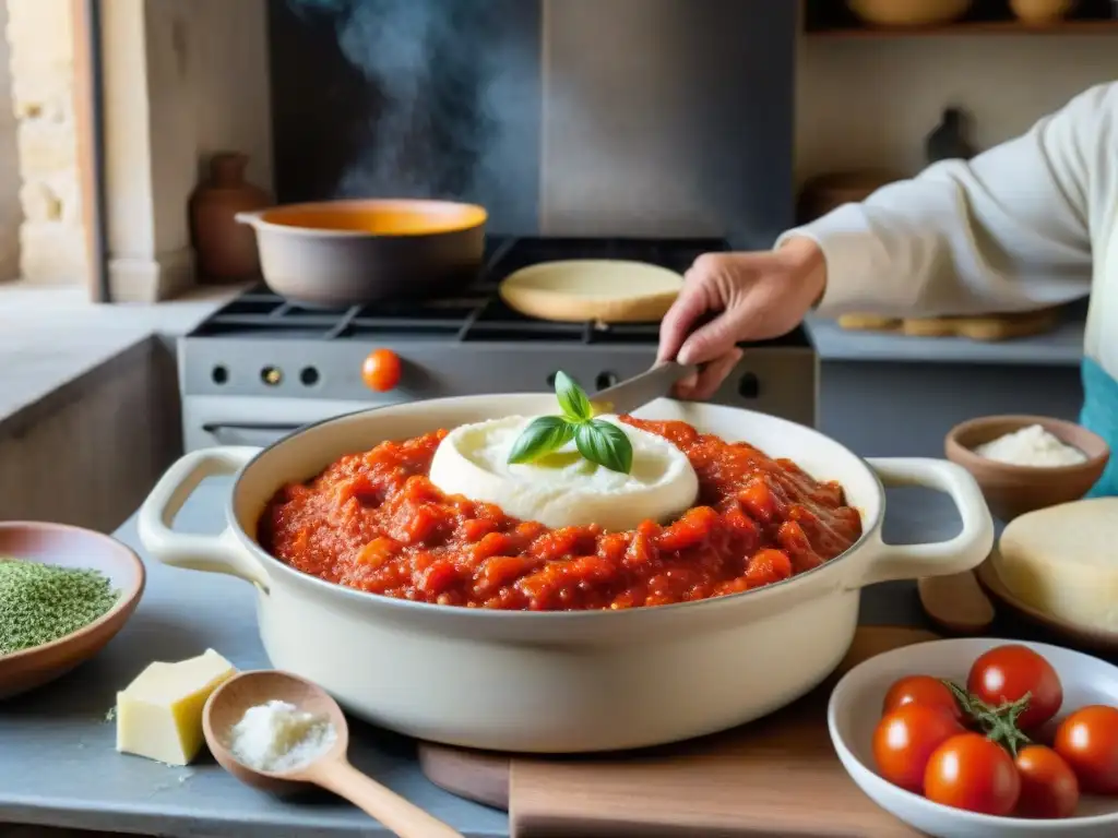 Una nonna siciliana prepara una pizza siciliana tradicional receta fácil en una cocina rústica, con ingredientes frescos y tradición familiar