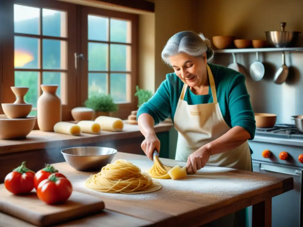 Una nonna sonriente amasa pasta casera en una cocina rústica italiana, repleta de utensilios vintage y hierbas frescas, bajo la cálida luz del sol