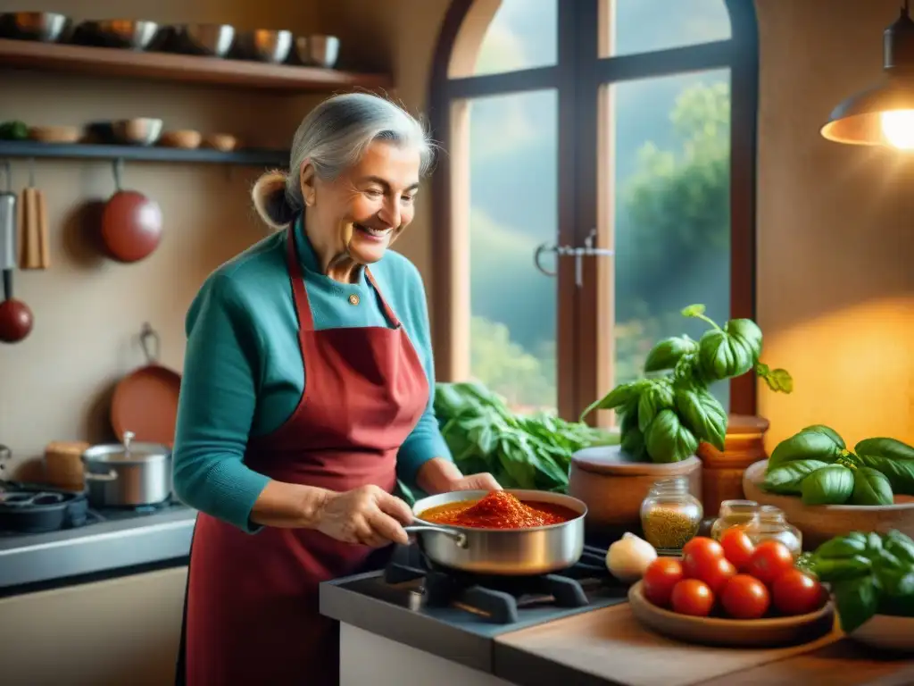 Una nonna sonriente en una cocina acogedora del sur de Italia, preparando una receta auténtica de salsa de tomate italiano