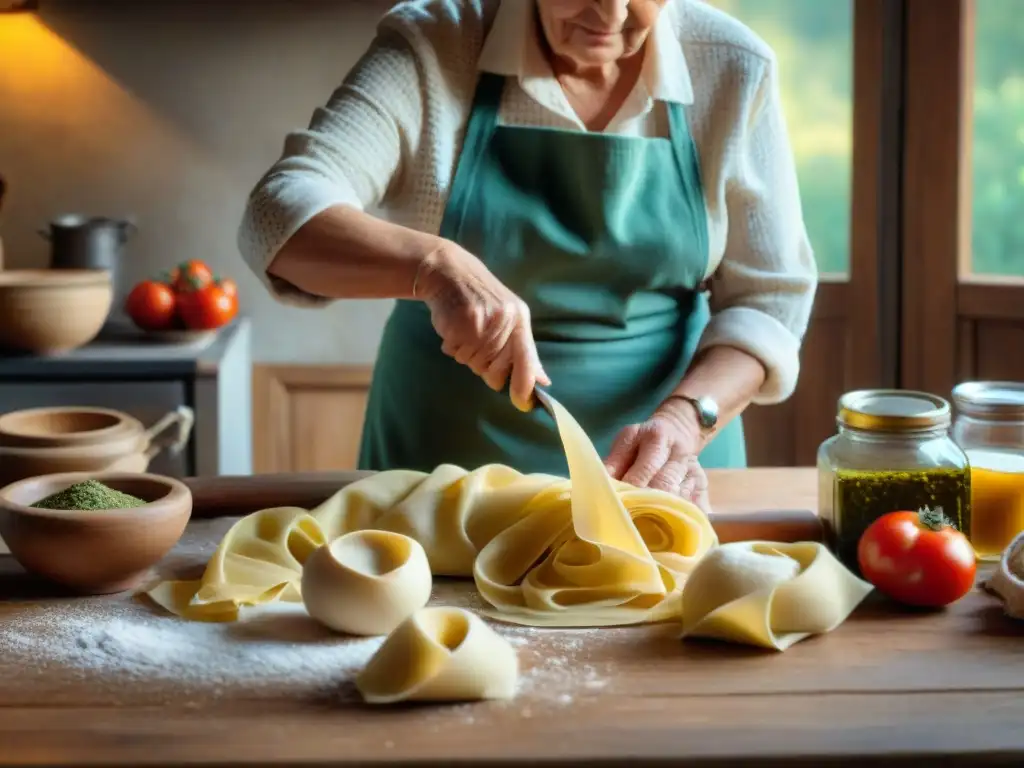 Una nonna toscana experta en técnicas de cocina tradicionales Toscana, amasando pasta fresca a mano en una mesa de madera rústica