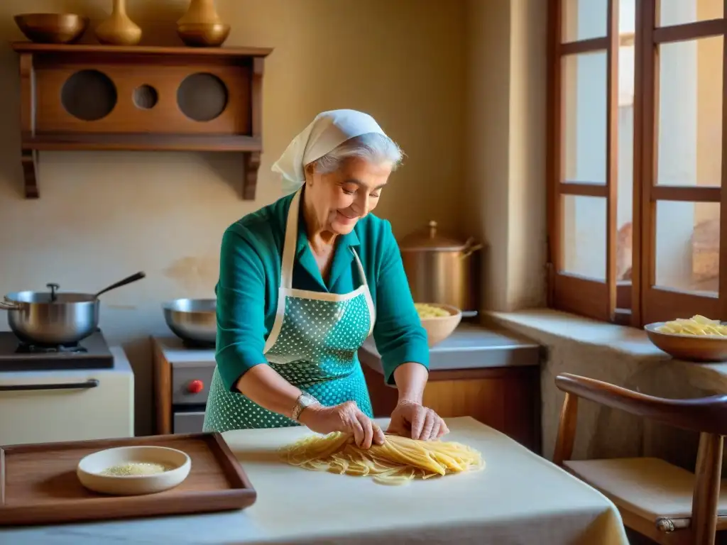 Una nonna veneciana experta en cocina tradicional italiana preparando platos en su cocina de Venecia