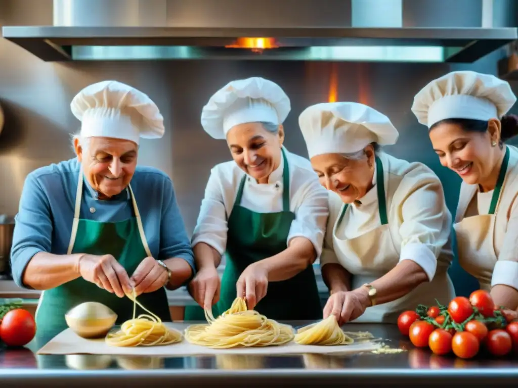 Nonnas italianas expertas en pasta, compartiendo historias y risas en una cocina cálida y bulliciosa