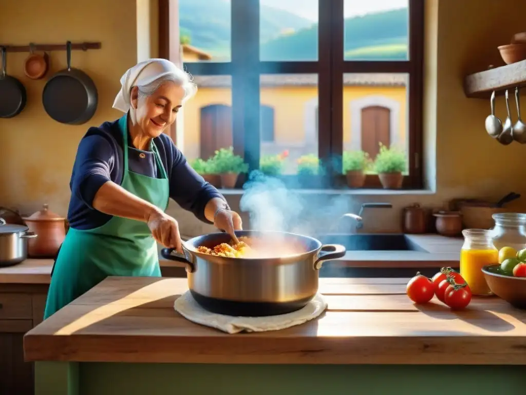 Una nostálgica cocina en Le Marche, Italia, con una nonna preparando un reconfortante Guiso de cordero alla marchigiana