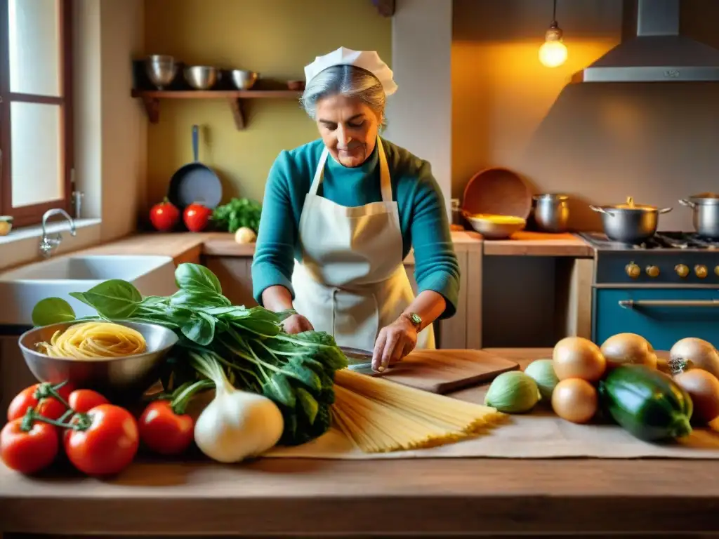 Una nostálgica escena de cocina italiana tradicional con técnicas culinarias italianas tradicionales revistas