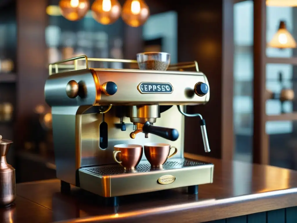 Un rincón nostálgico en un café histórico italiano, donde brilla una antigua máquina de espresso entre detalles de latón y cobre